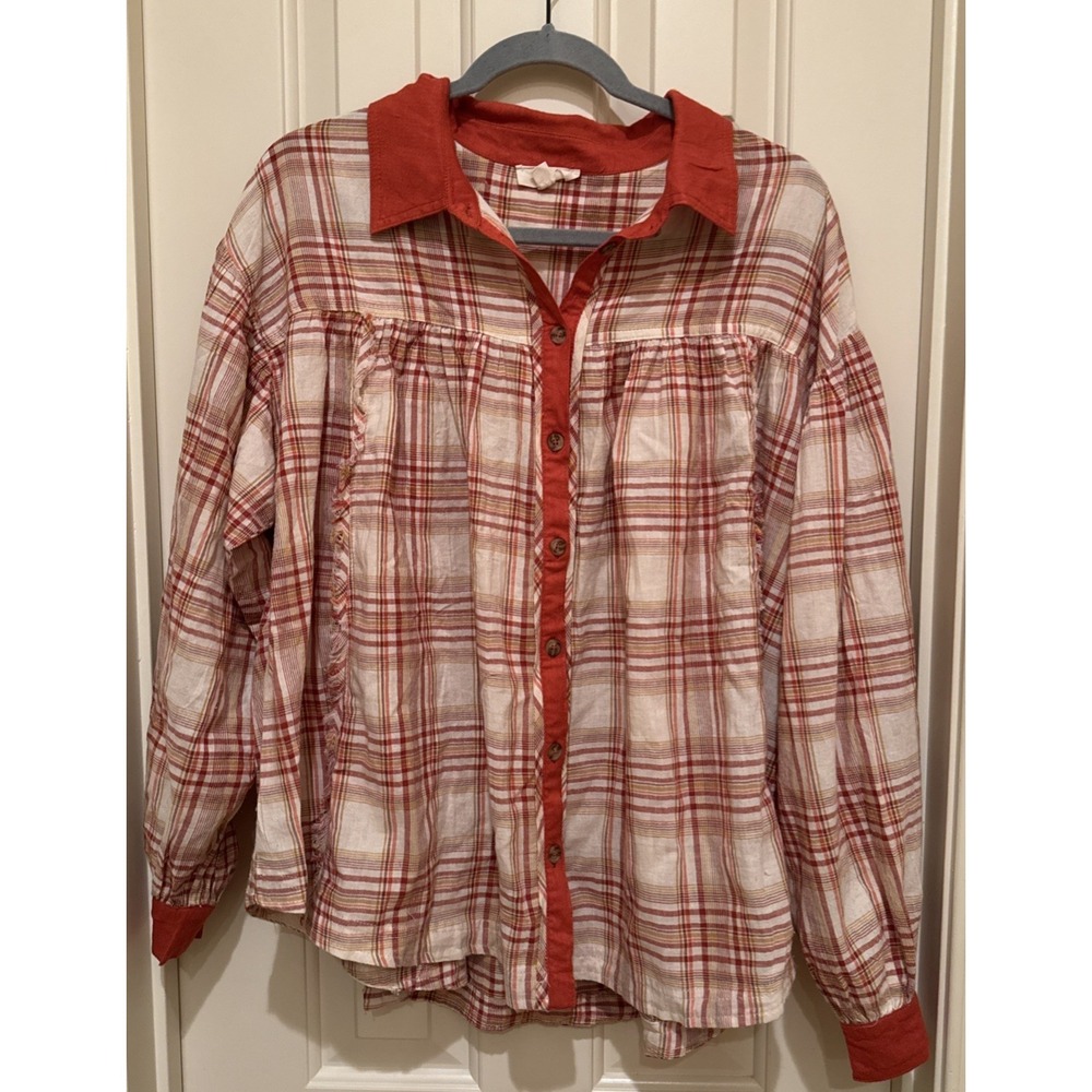Rust Plaid Button Up Oversized Tunic Top Babydoll Fall Orange Sz Large